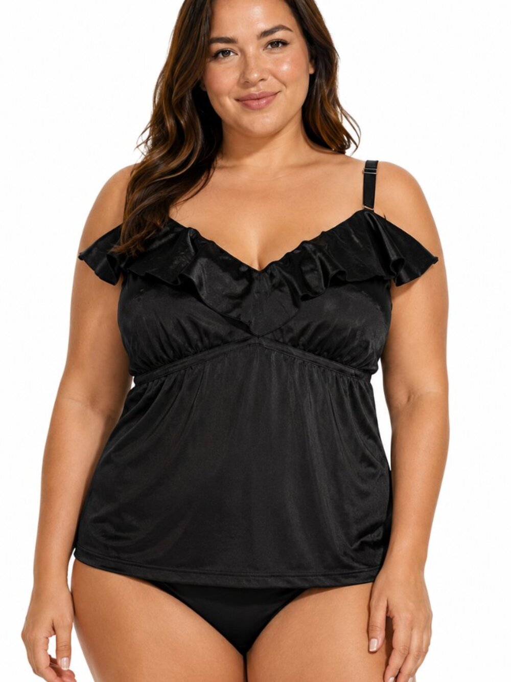 Swimsuits for All Solid Ruffled Bust Adjustable Strap Tankini Swimsuit Swim Top